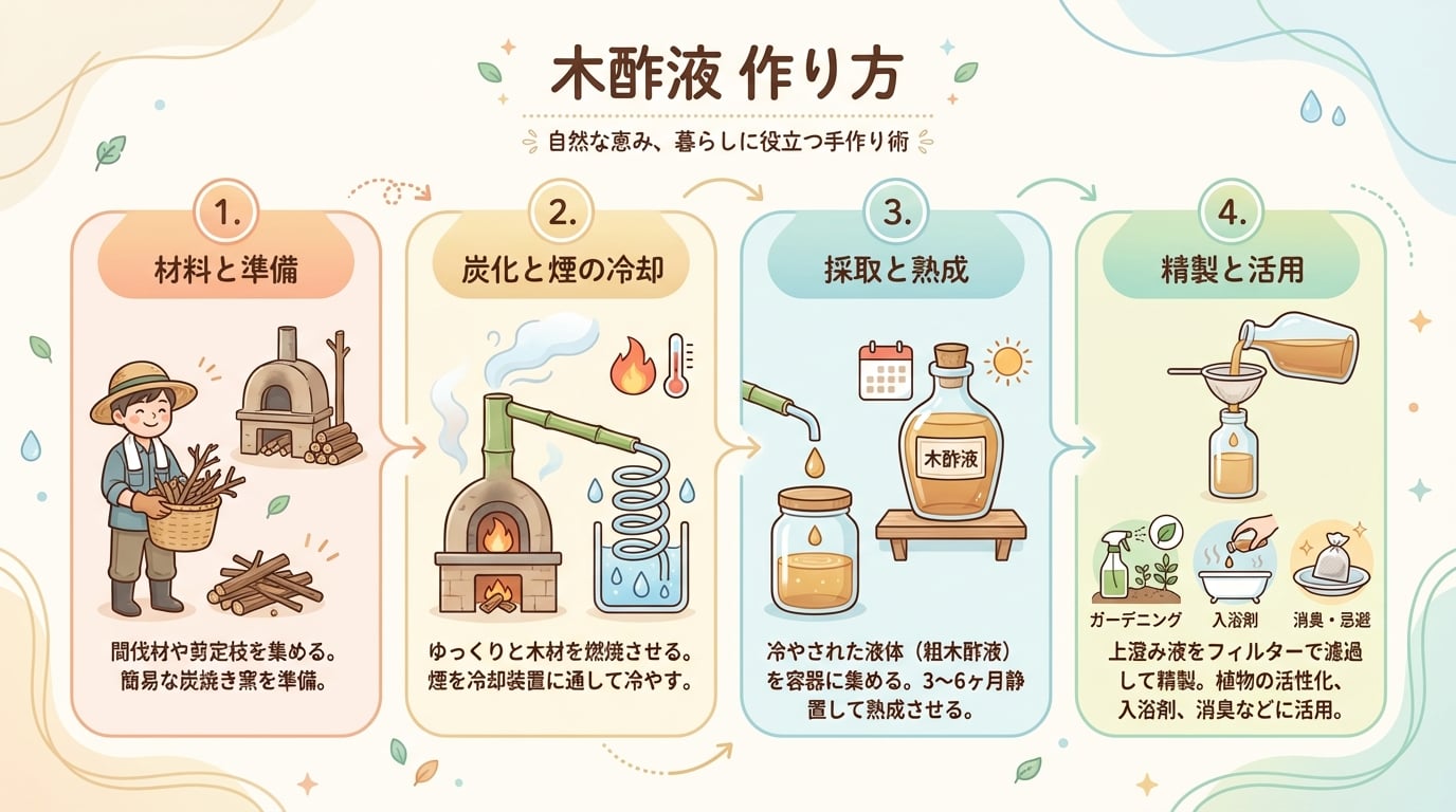 木酢液の作り方を徹底解説!必要な材料から熟成方法・使い方まで完全ガイド - インフォグラフィック画像 2
